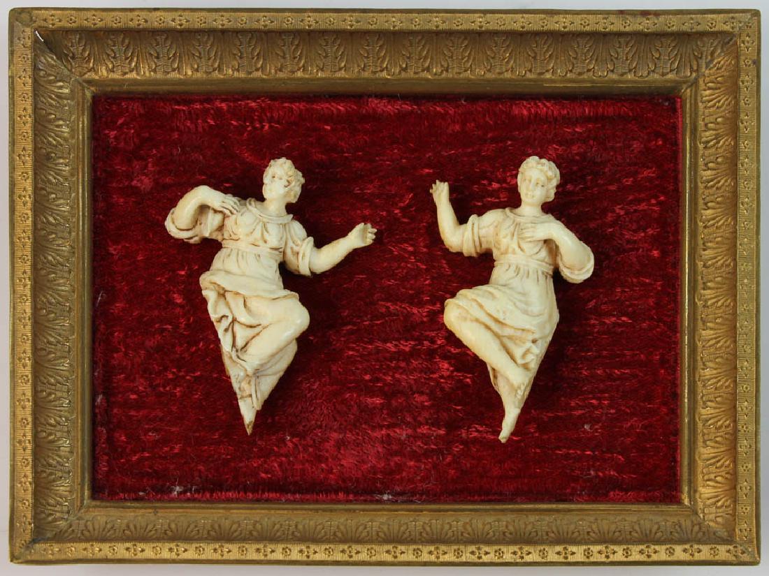 Pair of Antique Netherlandish Carvings: Pair of antique Netherlandish carvings, circa 1580-1620, frame 4 1/4" x 5 1/2". Provenance: Helen Schachter Estate, 34 West 64th St, New York, New York.