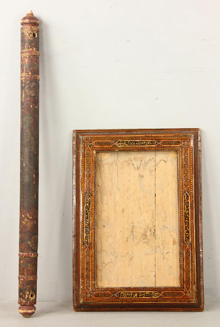 Persian Antique Frame and Tapestry Roll: Two Persian items, to include antique mirror frame from Shiraz, lacquer on wood, 23" H x 16" W; painted wood tapestry roll, 38" H x 2 1/2" W. Provenance: from the private collection of a Newport Beach