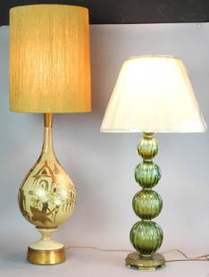 Two Large Mid Century Table Lamps: Two large mid-century table lamps, including: green glass lamp, five-tiered, labeled 'Made in Italy Camer Glass NY', 40" H with 3" adjustable shade, original base, replaced shade; unmarked ceramic and