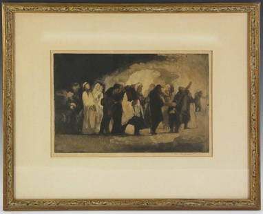William Meyerowitz Colored Litho 'Exodus': William Meyerowitz (1893-1981), 'Exodus', colored lithograph, signed in pencil below the image L/R, note signed Theresa Bernstein afixed verso, 8 7/8" x 13 7/8" (image), frame 18 1/2" x 22 3/4". Prove