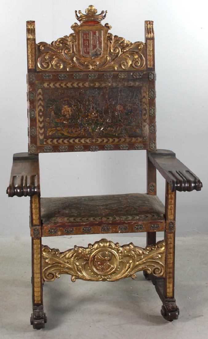 Early Carved Throne Chair with Leather (1 of 9)