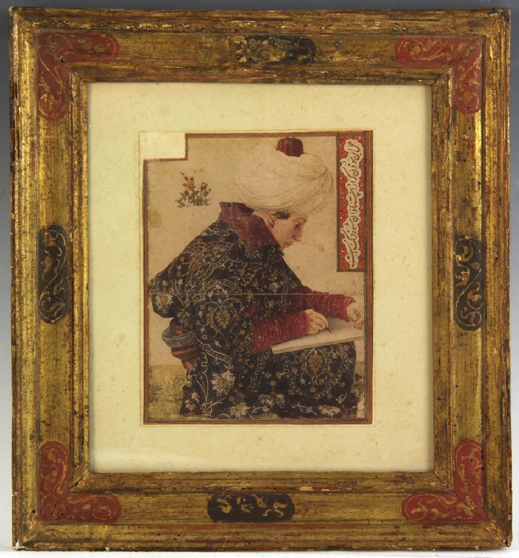 18thC Portrait of Turkish Prince: 18th century portrait of a Turkish prince, print, labeled verso in French, partial text translation: 'painted in 1480 by Gentile Bellini, found in Constantinople by F.R. Martin 1705', 7" x 5 1/2" (sig