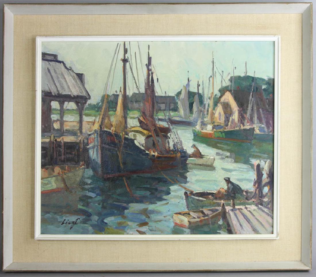 Maria Liszt, Gloucester Harbor, Oil on Board: Maria Liszt (Gloucester, Massachusetts artist, 1902-1992), Gloucester Harbor, oil on board, signed L/L, 20" x 24", frame 27" x 31". Provenance: Danvers, Massachusetts collection.