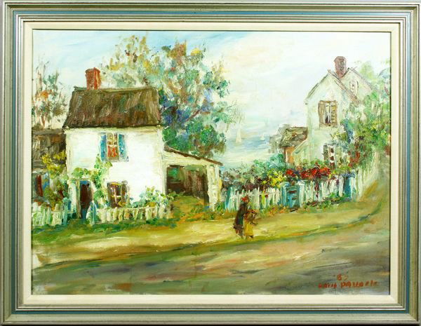 Sgnd David Pallock,"The Blue Gate",Rockport, o/c: David Pallock (American, 1906-1977) "The Blue Gate", white house with blue shutters in downtown Rockport, Massachusetts, o/c, 20" x 27 1/2", framed 24 1/2", signed and dated 1967 LR. Good condition.