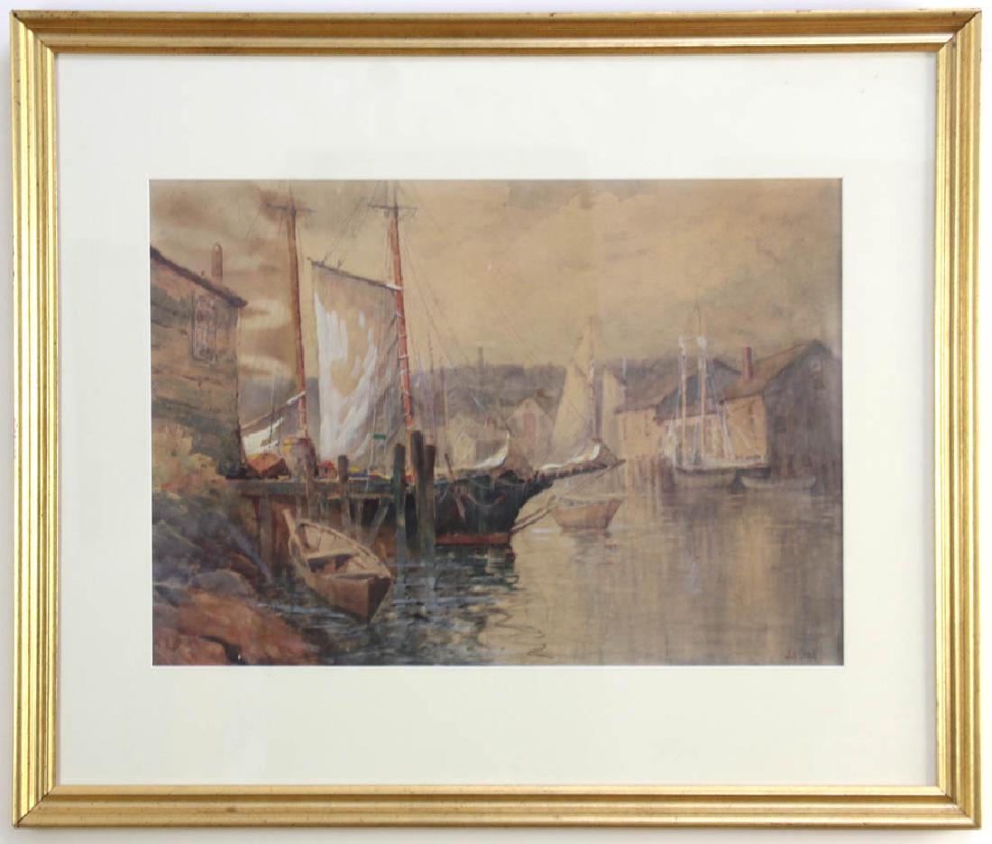 John A Cook, Sailboats at Rest, Watercolor: John A. Cook (1870-1936), 'Sailboats at Rest', watercolor, signed L/R, 13" x 18", framed 21 1/2" x 25 1/2".