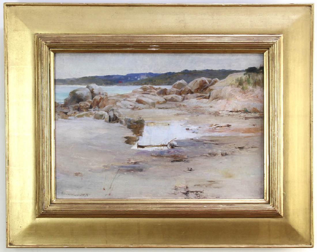 Francis Coates Jones, Coffins Beach, Annisquam: Francis Coates Jones (American, 1857-1932), 'Coffins Beach, Annisquam', oil on wood panel, signed L/L, 14" x 20" in original hand-carved giltwood frame 23" x 29". Christie's label verso.
