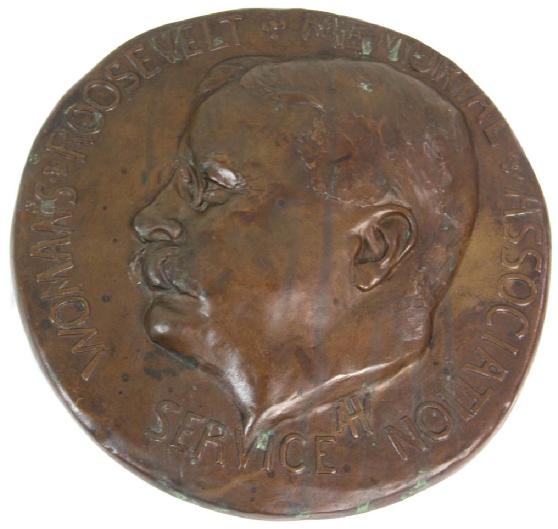 Anna VH Huntington Bronze, Roosevelt: Anna Vaughn Hyatt Huntington (1876-1973), 'Woman's Roosevelt Memorial Association Service', bronze, inscribed 'A-V', 9 5/8" diameter.