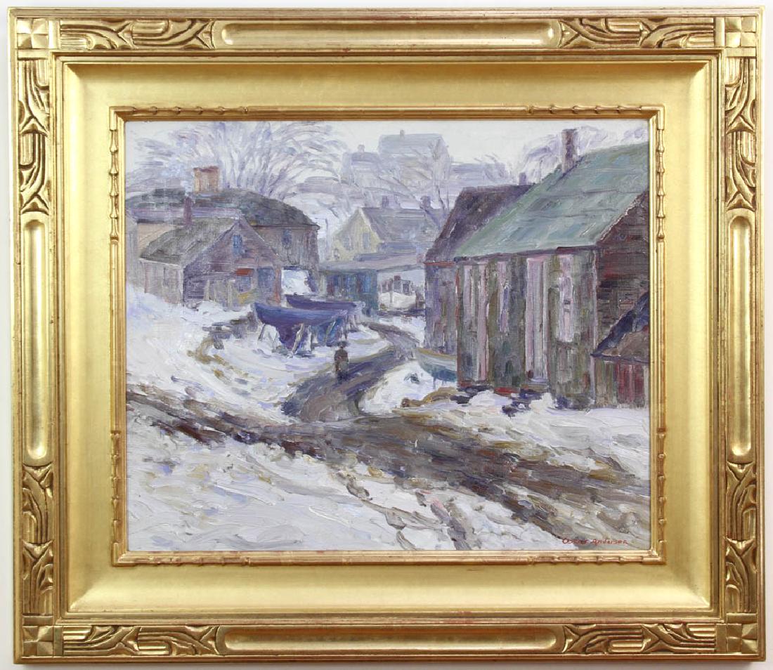 Oscar Anderson, Winter in East Gloucester: Oscar Anderson (1873-1953), 'East Gloucester Street Scene in Winter', oil on canvas, signed L/R, 19 1/2" x 23 1/2", in custom gold leaf frame 29" x 33". Provenance: Julia Galleries, Fairfield, Maine,
