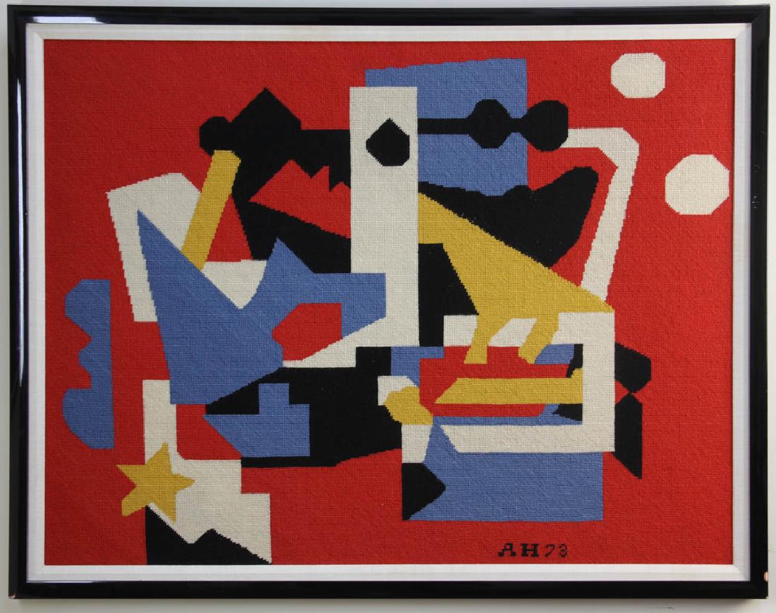 AH, Abstract Needlepoint Composition, 1973: A.H., abstract needlepoint composition, Homage to Stuart Davis, dated 1973, 29 1/2" x 37 1/2", framed 32" x 41".