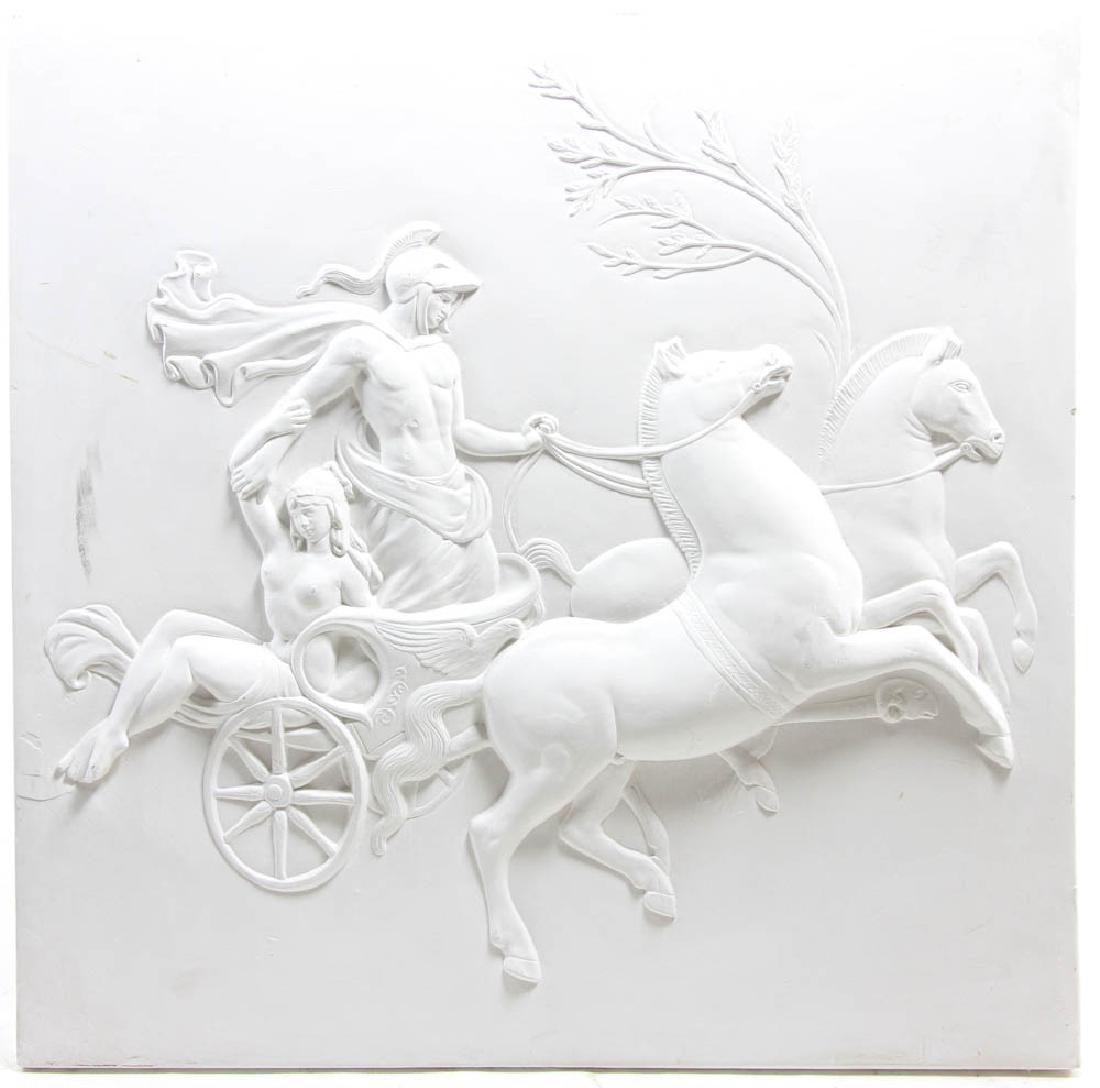 Plaster Wall Plaque Classical Scene: Plaster wall plaque, classical scene, unsigned, 33 1/2" square x 3/4" thick. Provenance: Millis, Massachusetts estate.