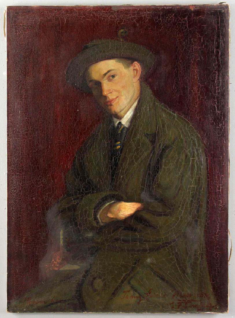 Portrait of a Man in Overcoat Oil on Canvas: Portrait of a man in overcoat, oil on canvas, signed indistinctly L/L, inscribed indistinctly 'To My Friend' etc. L/R, 34 1/2" x 24 1/2", frame 41 3/4" x 31 7/8". Provenance: South Hampton, New York c