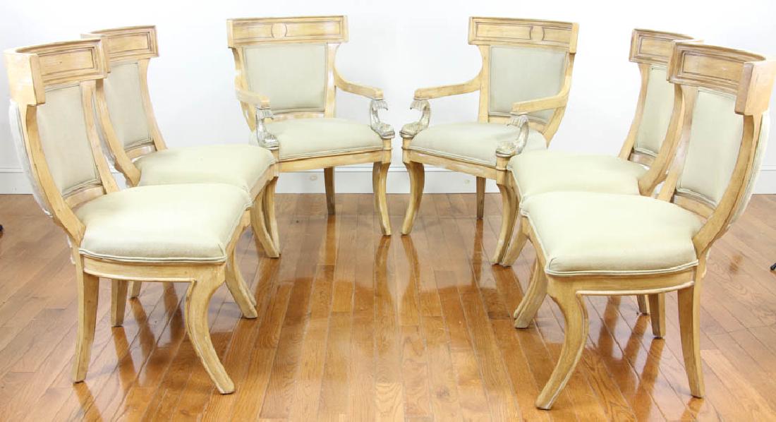 Set of Custom Designer Classical Armchairs: Custom designer classical armchairs with dolphin arms, set of six (6), 39" x 25" x 24". Provenance: West Palm Beach, Florida estate.