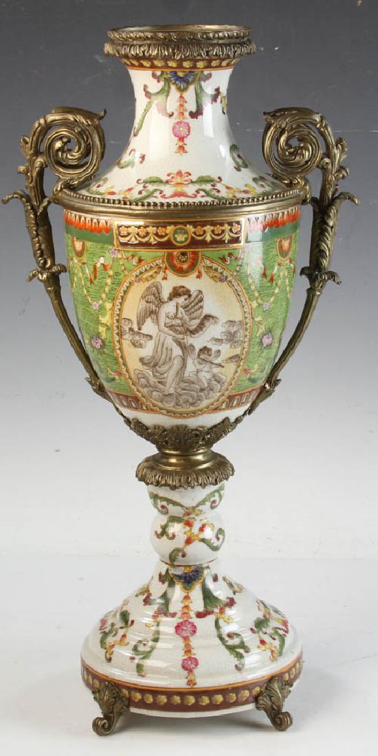 Early 20thC European Urn with Ormolu: Early 20th century European urn with ormolu handles, no cover, marked '1895' on bottom, 17 1/2" H. Provenance: Revere, Massachusetts estate.