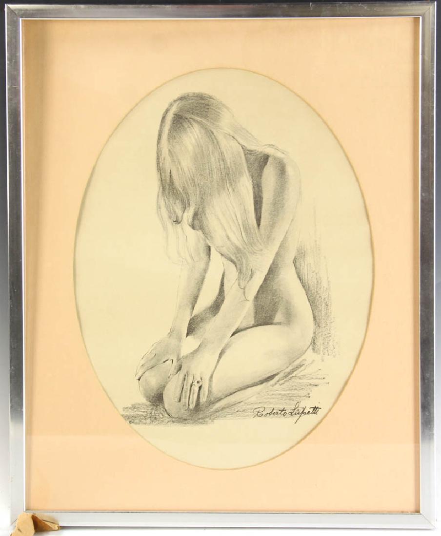 Roberto Lupetti Nude Drawing: Roberto Lupetti, nude, pencil drawing, 15 3/4" x 12" (sight), frame 20 7/8" x 17". Provenance: Boca Raton, Florida collection.