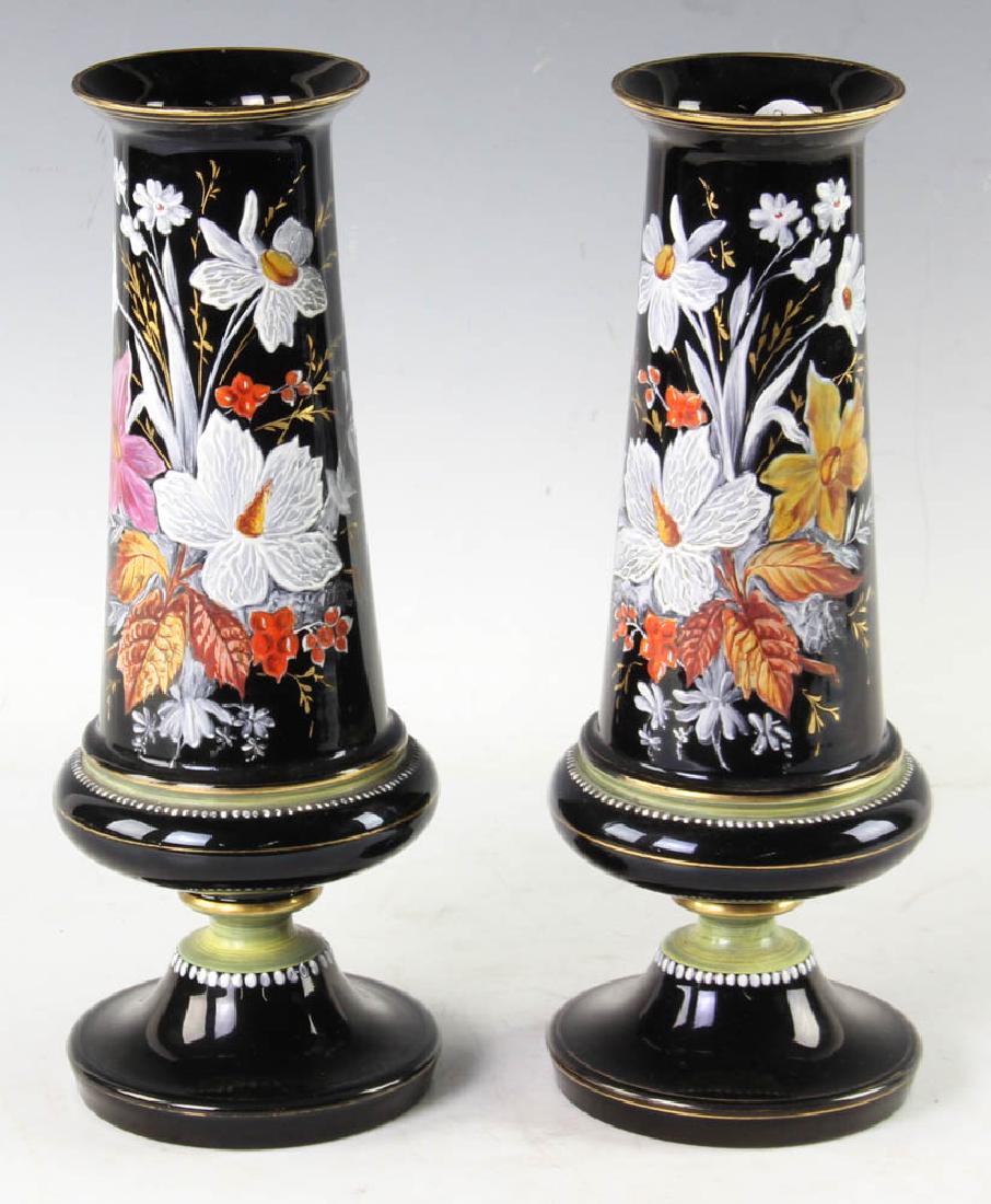 Pair of 19/20thC Enameled Black Glass Vases (1 of 8)