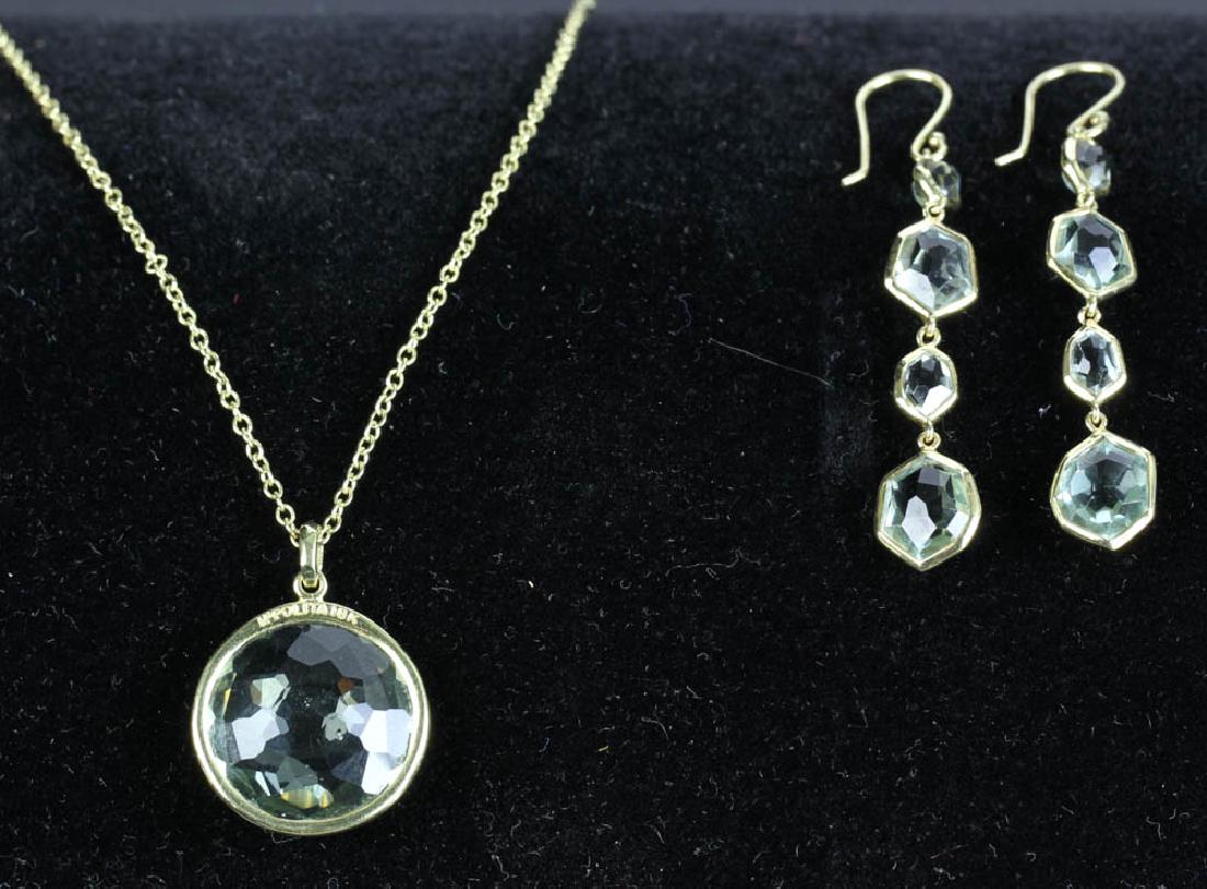 Ippolita 18k Topaz Pendant Necklace and Earrings: Signed Ippolita suite, 18k yellow gold with faceted blue topaz stones, including necklace with pendant, chain 18" L, pendant 1" long including bail, and pair of drop earrings, 2 1/4" L including wire.