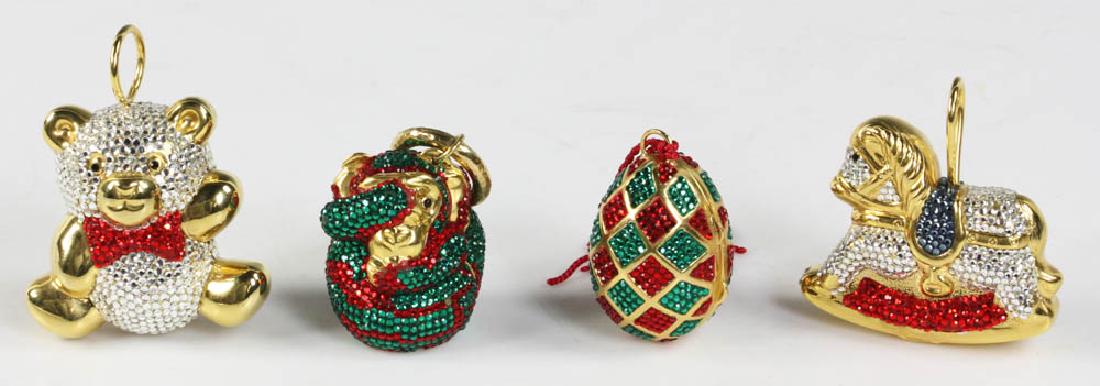 Judith Leiber Jeweled Christmas Ornaments: Judith Leiber jeweled Christmas ornaments, four (4) in total. Provenance: Collection of a Manhattan and Palm Beach socialite.