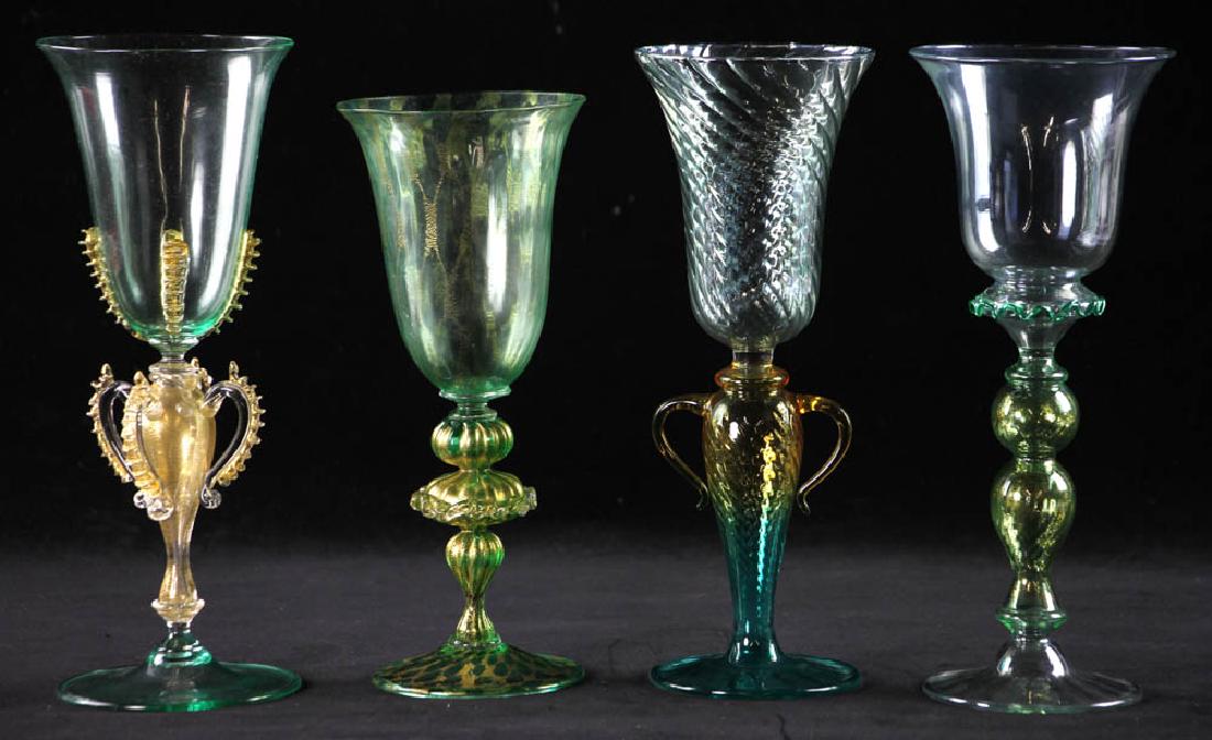 Hand Blown Murano Glass Wine Goblets: Hand-blown Murano glass wine goblets, set of four (4), 10" H. Provenance: Collection of a Manhattan and Palm Beach socialite.