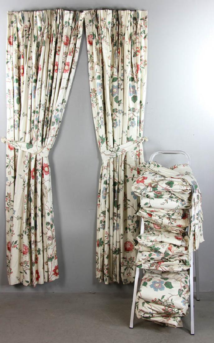 Group of Brunweig & Fils Draperies: Group of Brunsweig & Fils draperies, cream colored, lined polished cotton with pink, blue, green floral design, including: one pair of 82" L drapes; four pairs of floor-to-ceiling drapes, 95" L; one p