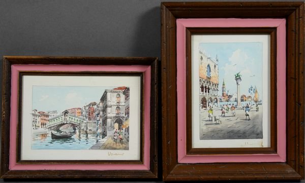Two 20th Century Watercolors of Venetian Scenes: Two (2) 20th Century watercolors of Venetian scenes, one 3 1/2" x 5 3/8", framedd 6 3/4" x 8 1/2", the other 5 3/8" x 3 1/2", framed 9 3/4" x 7 7/8", both signed indistinctly LR. One in good condition