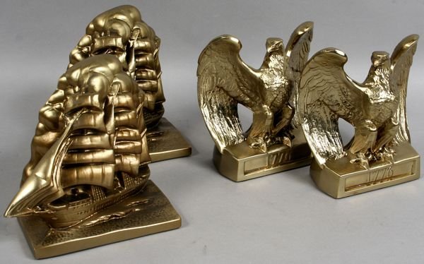 2 Pairs Brass Plated Bookends, Tall Ship/Eagles