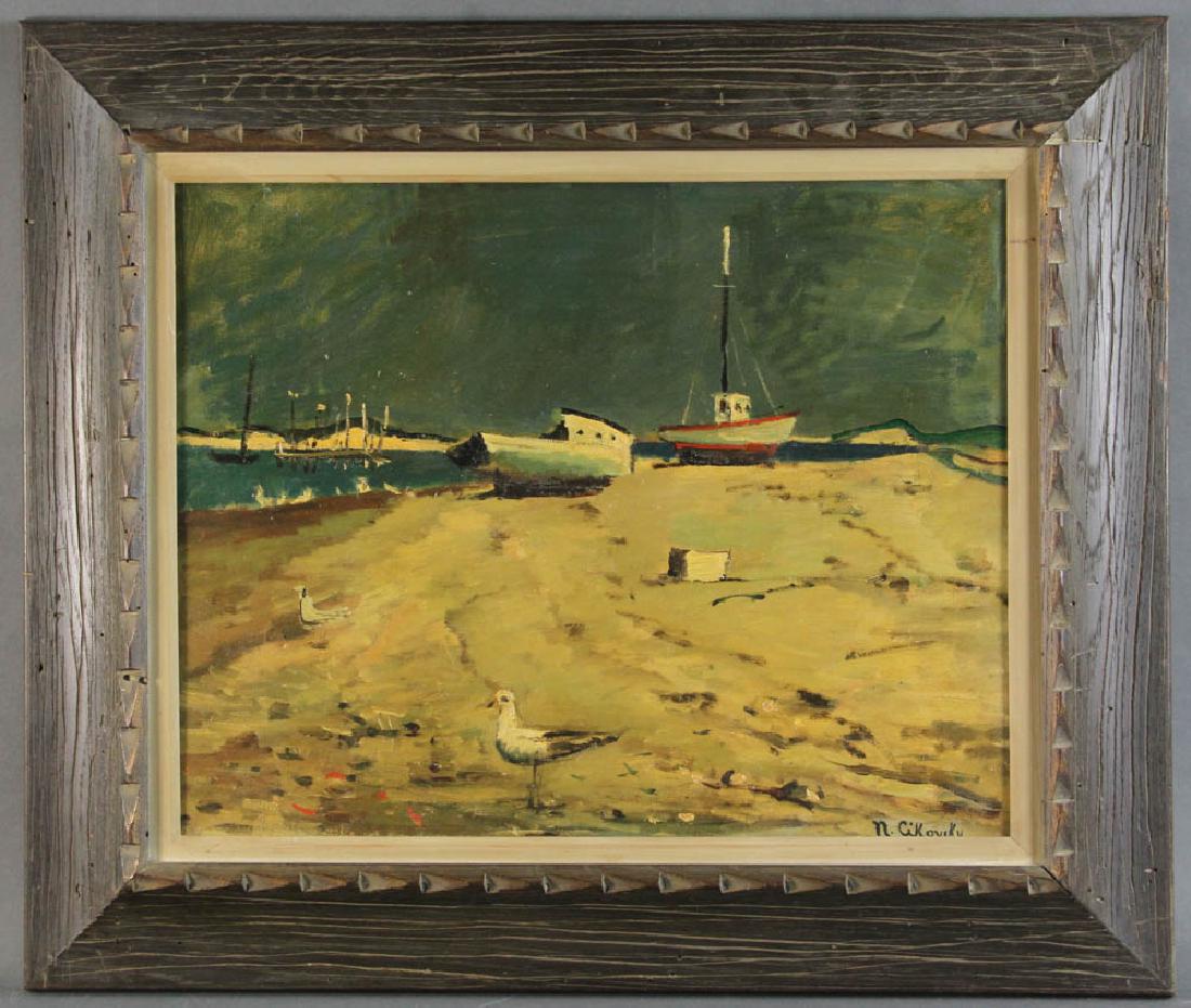 Nicolai Cikovsky Shore Scene Oil on Canvas: Nicolai Cikovsky (Russian/American, 1894-1984), shore scene, oil on canvas, signed L/R, 16" x 20", frame 23 1/4" x 27 1/4". Provenance: Hickory Grove, South Carolina estate.