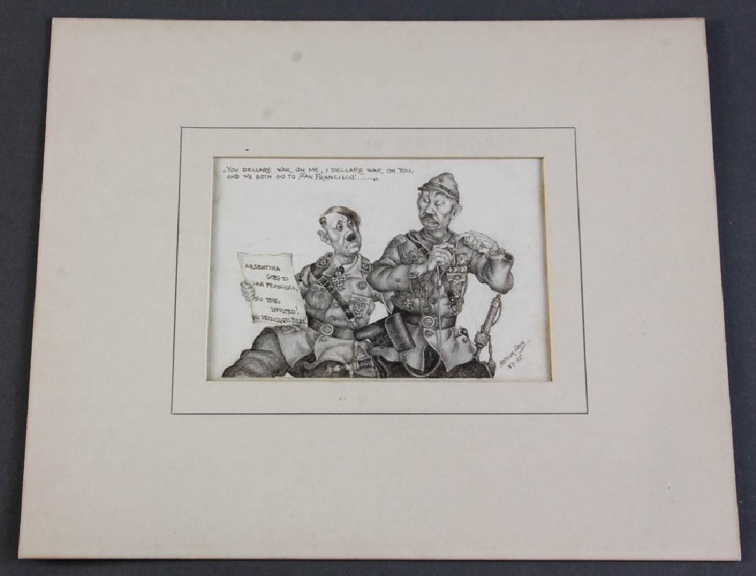 Arthur Szyk Caricature in Ink and Pencil: Arthur Szyk (1894-1951), caricature of Hitler and Hideki Tojo, ink and graphite, signed lower right and dated '45, 3 3/4" x 5 1/2", pencil sketch verso. Provenance: Salisbury, Massachusetts estate.