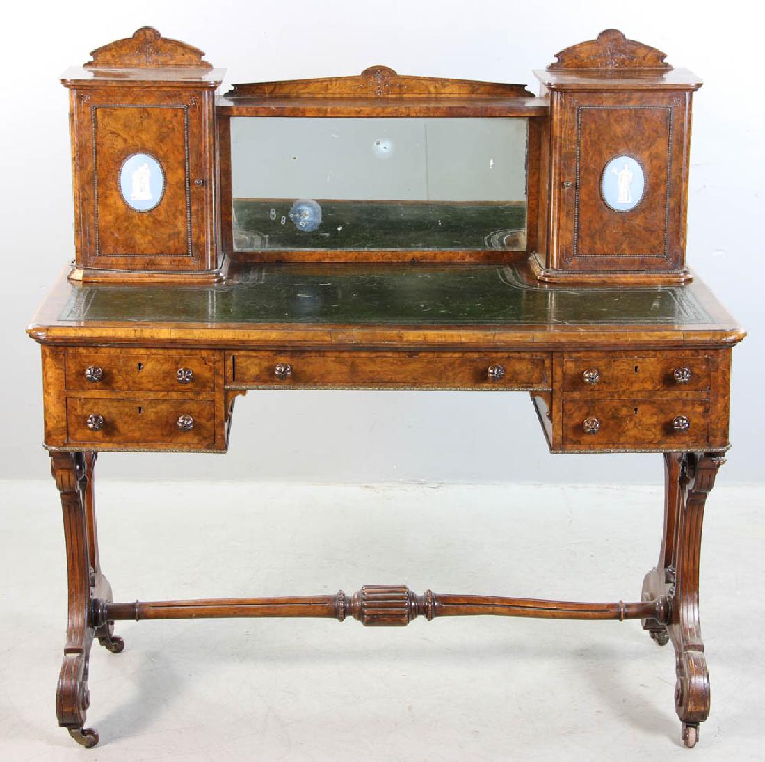 Victorian Burlwood Desk: Victorian burlwood desk, 45" H x 44" x 20"D. Provenance: Beverly, Massachusetts estate.