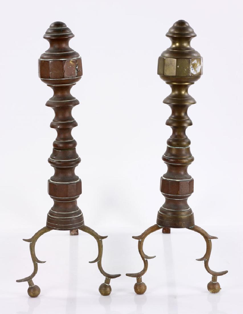 Pair of Federal Brass Andirons: Pair of early 19th century Federal andirons, brass, 19" H. Provenance: Beverly, Massachusetts collection.