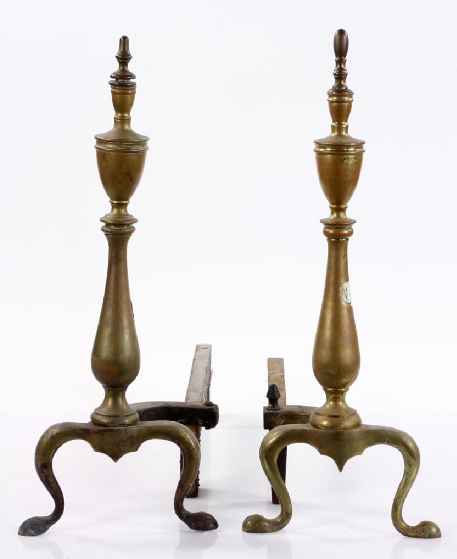 Near Pair of Brass Andirons: Near pair of early 20th century andirons, brass, 20" H. Provenance: Beverly, Massachusetts collection.