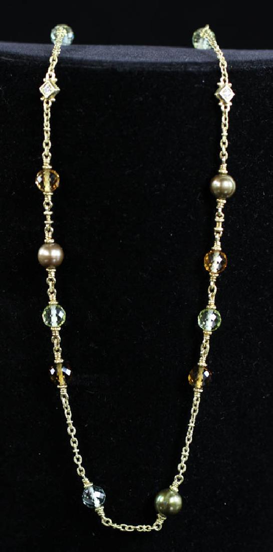 Judith Ripka 18k Pearl Diamond Necklace: Signed Judith Ripka 18k gold necklace with unusual chain link, having black pearls, diamonds, and faceted semi-precious stones. 31" L. Approximately 49 grams TW. Provenance: Collection of a Manhattan