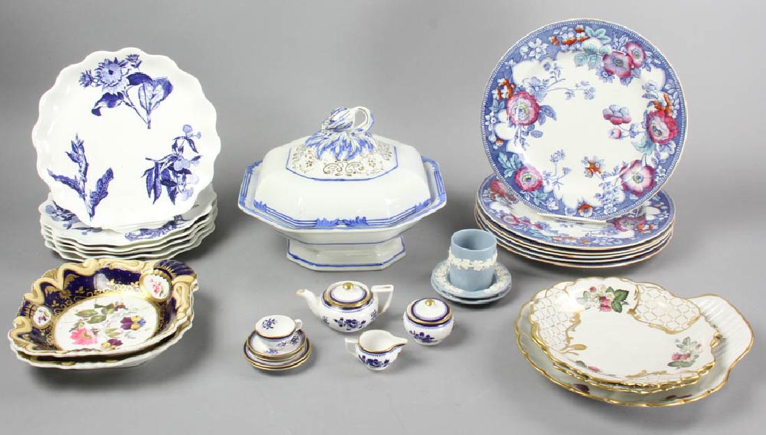 Pottery and China, Wedgwood, Ironstone: Collection of mixed china, to include: six scalloped-edge blue and white Wedgwood pieces with various wildflower patterns; two ashtrays and cigarette cup in Wedgwood Queensware pattern; three Limoges