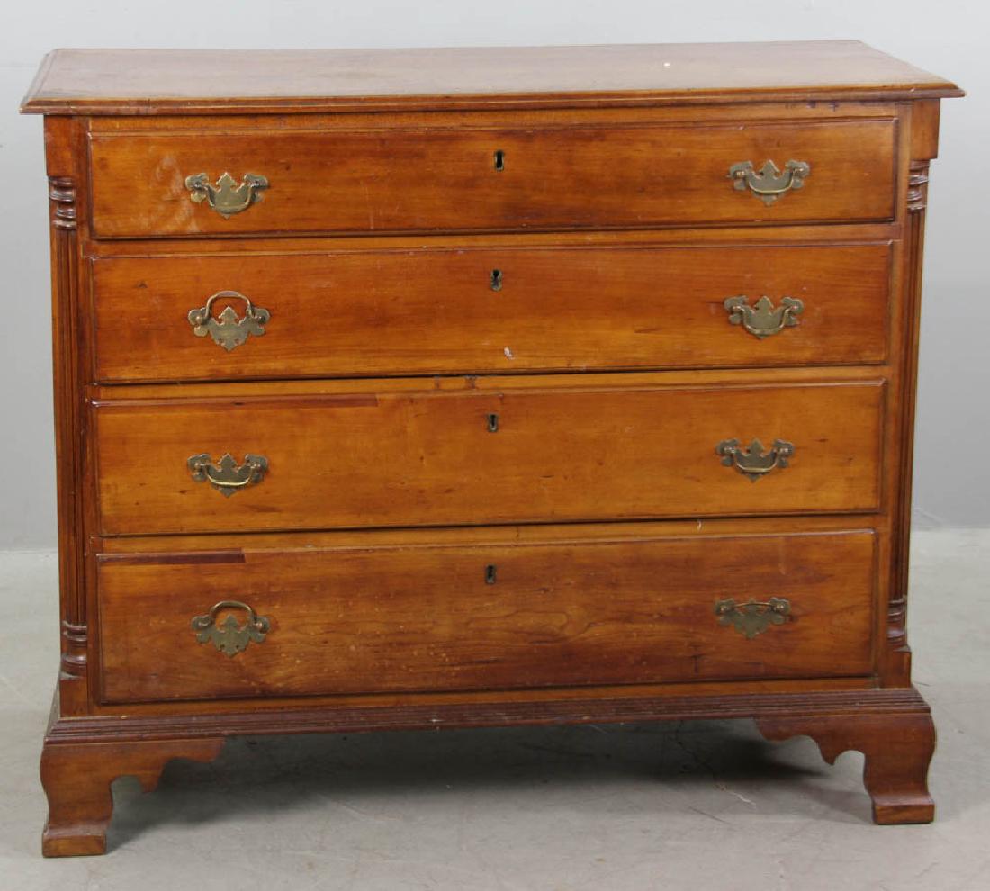 Early 19thC American Pennsylvania Cherry Chest: Early 19th century Pennsylvania cherry four-drawer chest with quarter column sides and ogee feet, 34" H x 38 1/2" W x 18" D. Provenance: Beverly, Massachusetts collection.