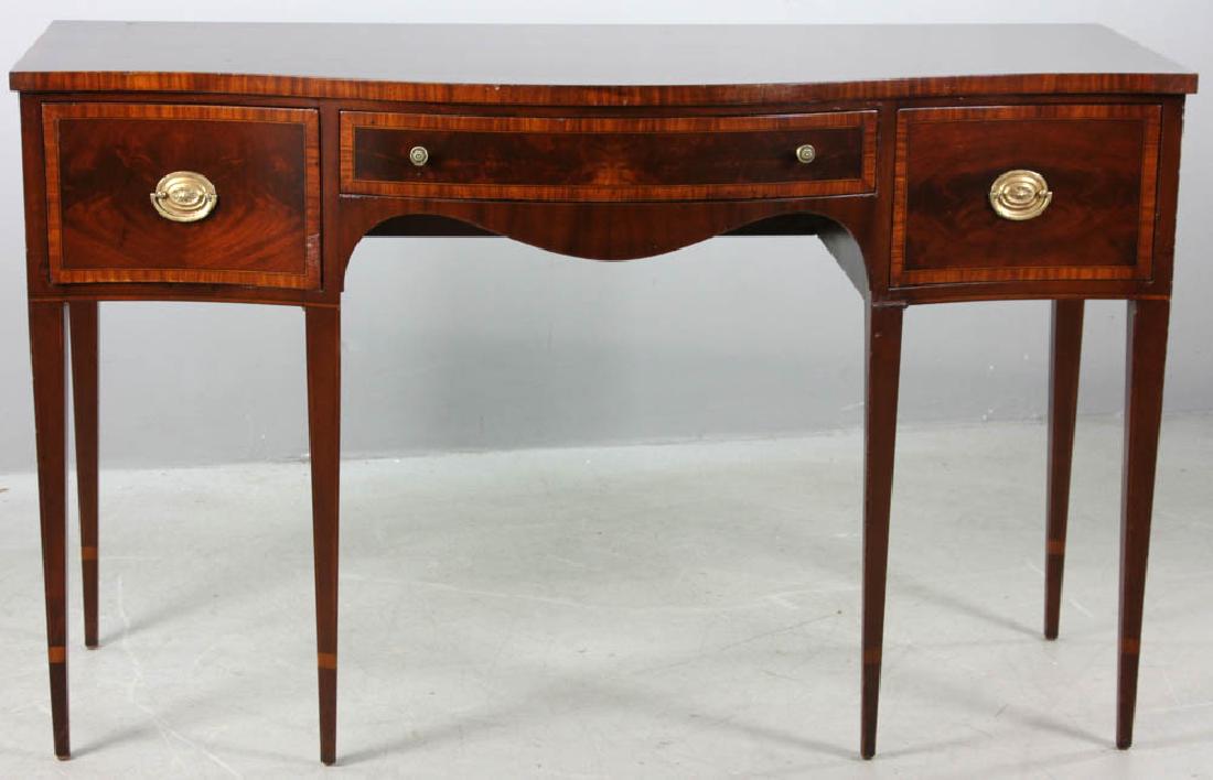 Hepplewhite Style Three Drawer Server: Hepplewhite-style mahogany banded server with three drawers, circa 1940, 30" H x 49" W x 21" D. Provenance: New York estate.