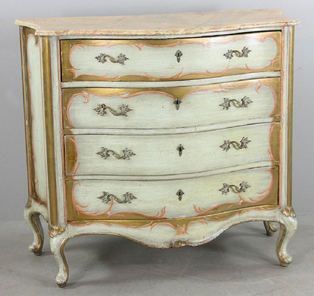 French Rococo Style Four Drawer Chest: French rococo-style painted four-drawer chest with faux marble top, circa 1900, 38 1/2" H x 43" W x 21" D. Provenance: New York estate.