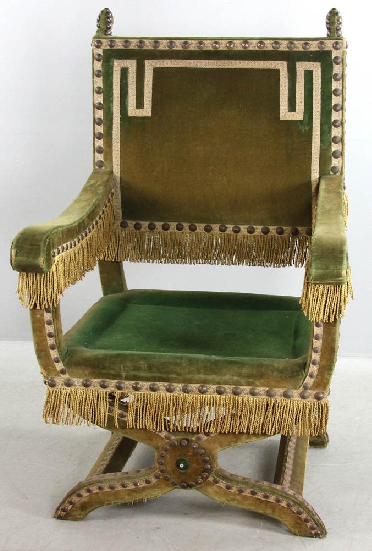 Antique English Thrones Chair: Antique English thrones chair having original velvet upholstery and striped border, 49" H x 30" W x 26" D. Similar to chair in Buckingham Palace.