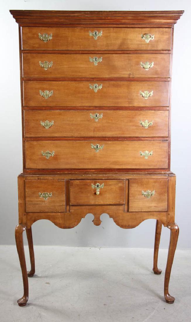 18th/19th C New England Queen Anne Highboy: Late 18th/early 19th century New England maple Queen Anne highboy, peg construction, 71" H x 39 1/2" W x 19 1/2" D. Provenance: Gloucester, Massachusetts estate.