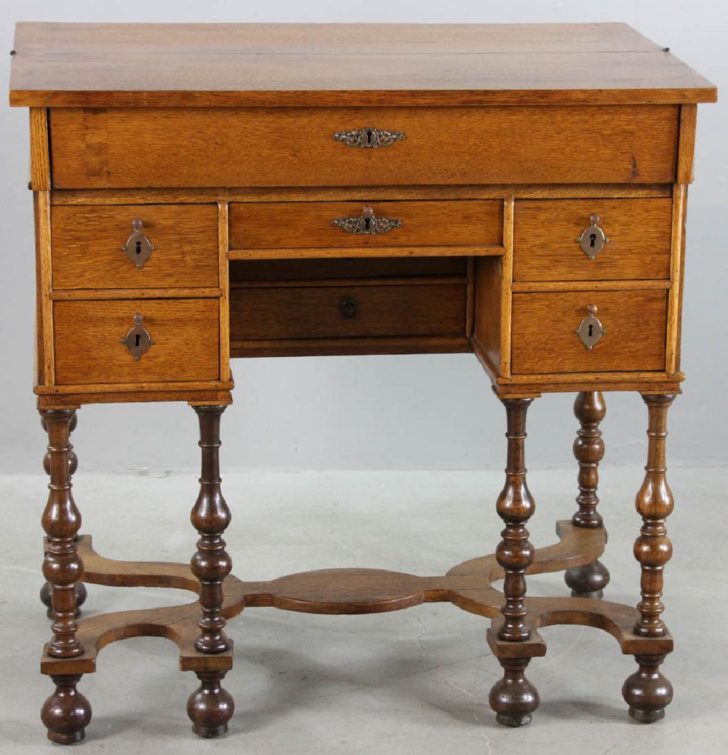 William and Mary Oak Secretary Desk: William and Mary oak secretary desk, lift top and fall-front drawer revealing writing surface, circa 1700, 36" H x 36" W x 23" D. Provenance: New York estate.