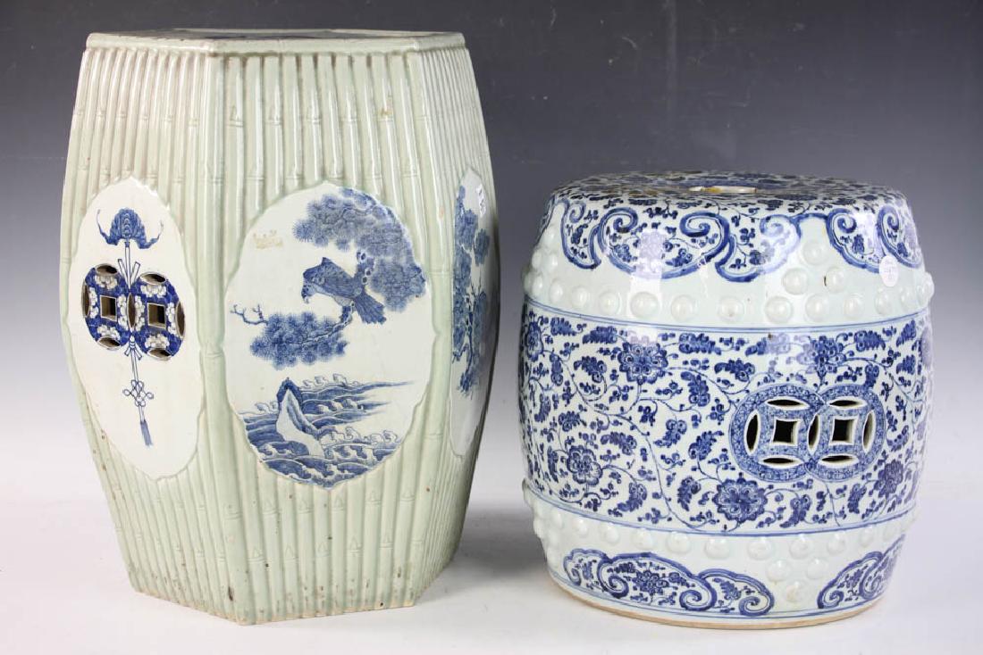 Two Chinese Porcelain Garden Seats: 19th century Chinese porcelain garden seats, one celadon, blue and white, 19" H x 12 3/4" diameter, cracked, together with one blue and white, 14 1/2" H x 13" diameter, damaged and restored. Provenanc