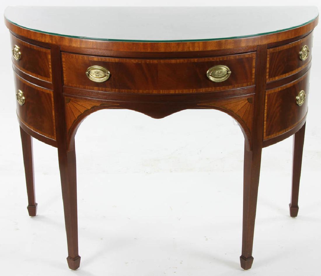 Fine Baker Hepplewhite Style Server: Fine Baker Hepplewhite-style demilune mahogany server with satinwood inlay, Baker label, 34" H x 45" L x 23" D. Provenance: Beverly, Massachusetts estate.