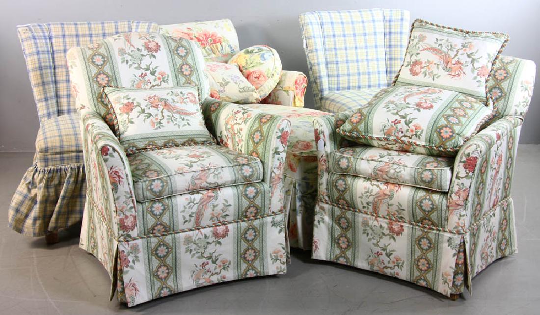 Group of Upholstered Pieces: Two pair of upholstered chairs together with an upholstered chaise lounge, chaise measures 30" H x 26" W x 52" L. Provenance: Estate of Joan Potter, Martha's Vineyard, Massachusetts.