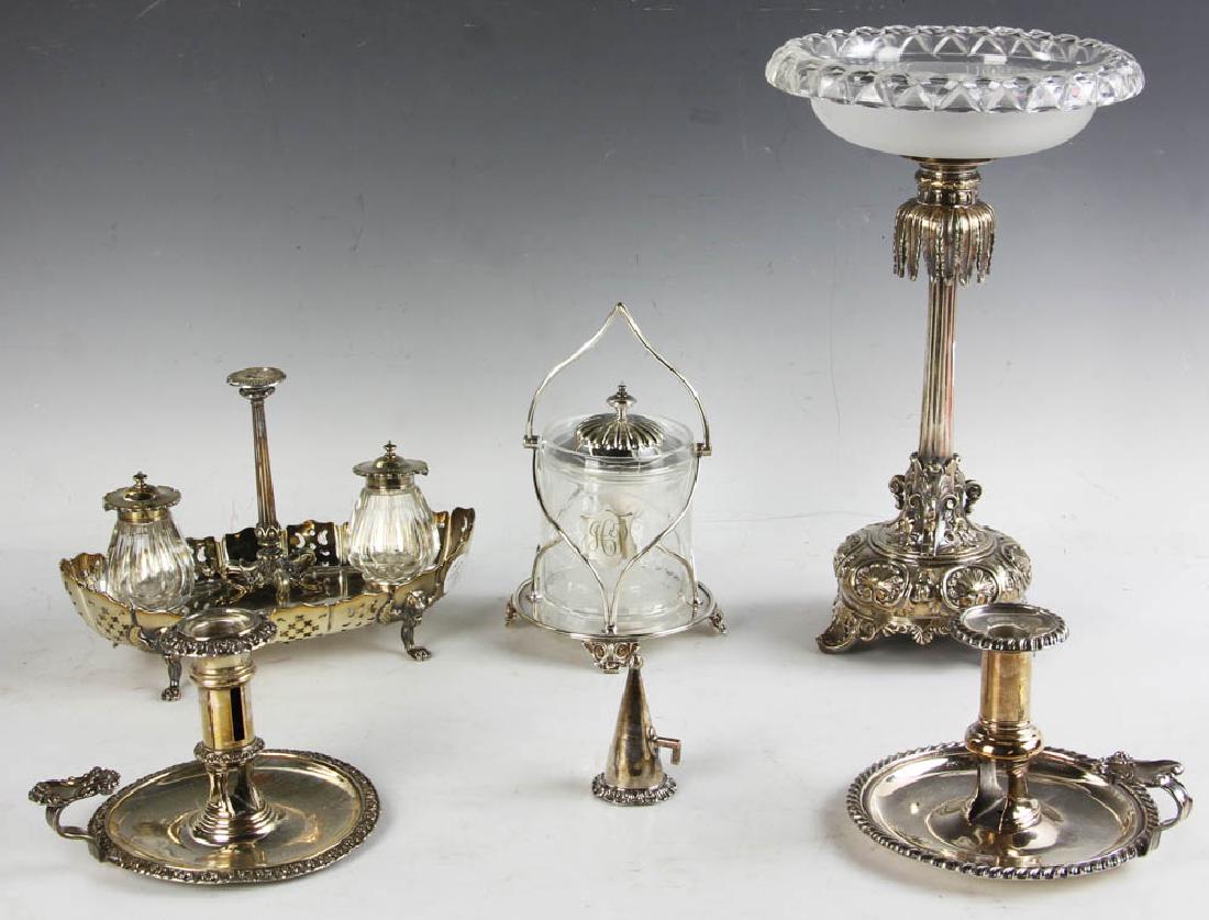 Group of Silverplate Accessories: Group of silver accessories to include; pair of chambersticks, 4 1/2" H x 6" diameter; English honey pot holder with glass insert engraved with beehive design; English standish with two (2) cut glass 