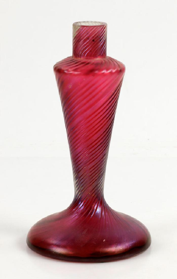 Art Glass Perfume Atomizer Base: Art glass perfume atomizer base, possibly Loetz, with Tiffany studios label glued on, 8" h. Provenance: From a Chula Vista, California collection.