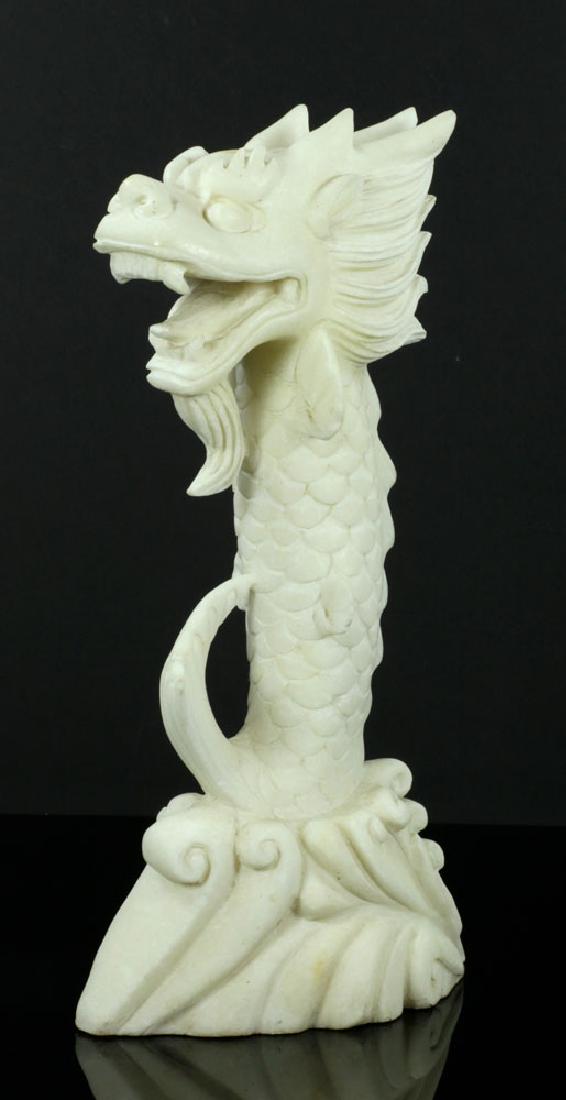 Chinese Marble Dragon: Chinese sculpture of a dragon, marble, 18" high x 9 1/2" wide. Provenance: from the estate of Jonathan Orr Swan, former professor at the Museum of Fine Arts School in Boston, thence by descent from a 