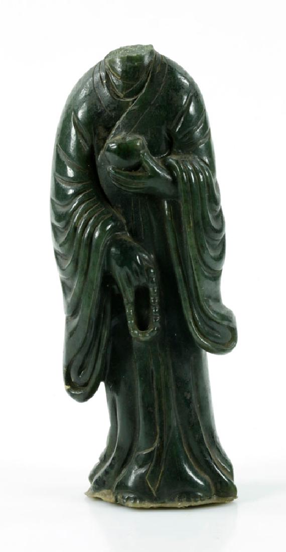 18th-19th C. Chinese Jade Figure: 18th-19th century Chinese figure, jade, missing head, 7" high x 2 3/4" wide. Provenance: from the estate of Jonathan Orr Swan, former professor at the Museum of Fine Arts School in Boston, thence by d