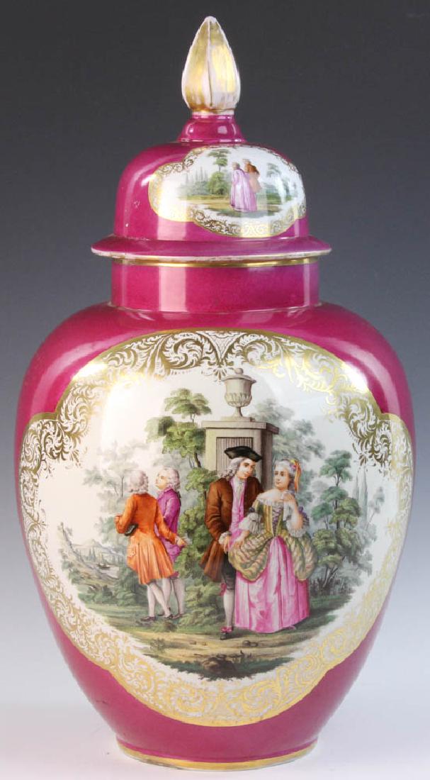 Early 19th C. German Porcelain Jar Agusta Rex Mark: Late 18th/early 19th C. German porcelain covered jar, with central cartouche, back and front, of courting couples, Agusta Rex mark, 23" x 12".