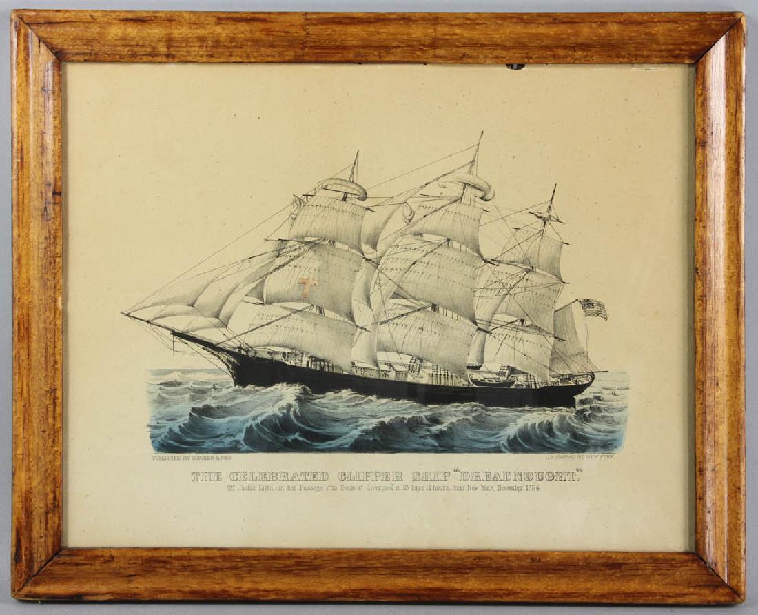Currier and Ives Print of Dreadnought: Currier and Ives print, the celebrated clipper ship 'Dreadnought', 12 3/4" x 16 3/4", bird's eye maple frame 15 1/2" x 19 1/2". Provenance: Gretna, Louisiana estate.