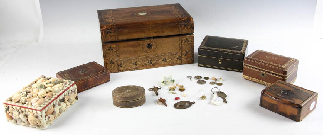 Decorative Boxes and Inlaid Lap Desk: Collection of decorative boxes, leather, wood, shell, etc., together with a parquetry inlaid lap desk 6" H x 11 3/4" W x 9" D, seven (7) pieces total. Provenance: Estate of Joan Potter, Martha's Viney