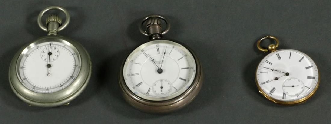Group of Three Pocket Watches: Group of three pocket watches/stopwatch, to include: American Waltham pocket watch with hinged movement and sweep second hand, beveled crystal, runs when wound; stopwatch, unknown maker, not functioni