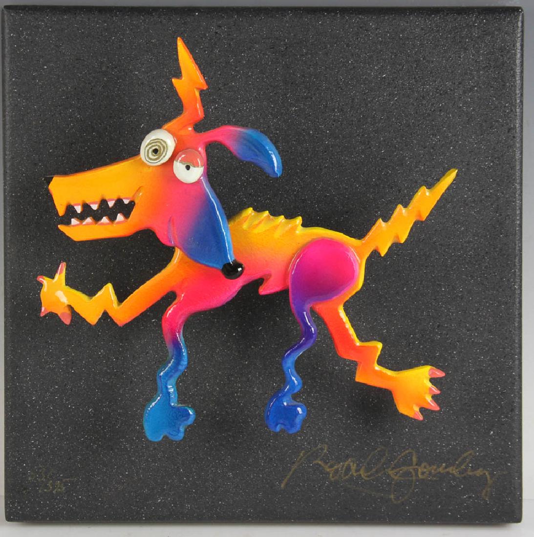 Roark Gourley Enameled Sculpture, Skitzo Dog: Roark Gourley (California artist, b.1949), 'Small Skitzo Dog', enameled sculpture, signed L/R, numbered 231/325, 11" x 11". Provenance: Swampscott, Massachusetts estate.